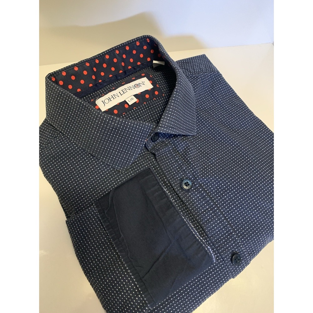 John Lennon Button Up Long Sleeve Shirt Men's L Navy Flip Cuffs Designer